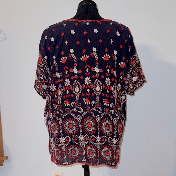 Johnny Was Navy Top with Red and White Embroidery - Picture 2 of 7